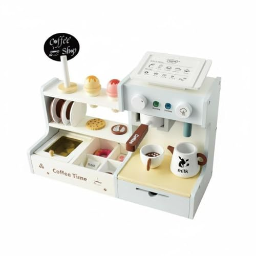 LeeQinersw Kaffee Set Kinder Kaffeemaschine Holz Spielküche Rollenspiel Set mit Menübrett Bestellkarte Aufbewahrung Kassenmünzen Und Backwaren Stärkt Kreativität