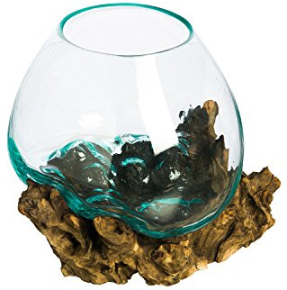 Cape Craftsmen Mundgeblasenes blaugetöntes Bubble Glas auf natürlichem Teakholz-Terrarium | Heimdekoration Innen-Pflanzgefäß mit Ständer | Topf für Sukkulenten und Pflanzen | Größe M 25,4 cm hoch