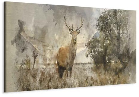 murando - Wandbilder Hirsch 120x40 cm 1 Teilig Wand Deko Leinwand Bilder Groß XXL Wanddeko Wohnzimmer Schlafzimmer Kunstdrucke Panoramabild - Landschaft Natur Tier Wald Wiese wie gemalt g-B-0042-b-a