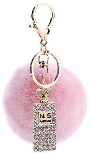 Canarea Schlüsselanhänger plüsch ball Schwarz Taschenanhänger strass bommel Keychain Elegant Plüsch-Kugel Auto-Anhänger Pompom mit Strass Glitzer Weich Schlüsselring (Pink)