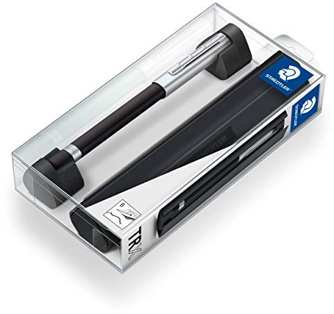 STAEDTLER 476TRX9 B ST Füller Trx (ergonomische Dreikantform, matte samtweiche Aluminium-Oberfläche, Aufsteckkappe, Standard Tintenpatrone, hochwertige Edelstahlfeder, Farbe: schwarz, Strichstärke B)