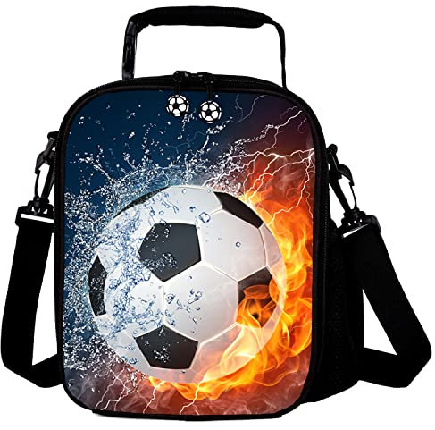 GOXUNYUAN Kids 3D Football Printed Lunch Bags Reusable Cooler Warm Tote Lunch Box with Drink Bottle Holder Children Portable Shoulder Strap Thermal Picnic Bags for Boys Girls Red