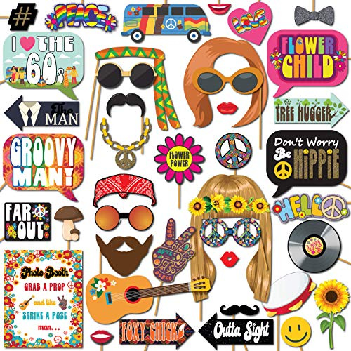 60s Photo Booth Props - 41-pc Photo Booth Kit with 8 x 10-Inch Sign, 60 Adhesive Pads, 45 Sticks - Hippie Photo Booth Props - 1960 Party Supplies - Props for Woodstock Party