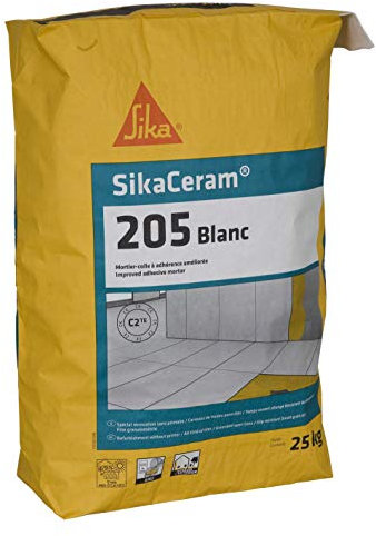 SIKA - Mortier-Colle à carrelage classé C2-ET - SikaCeram 205 Blanc - Intérieur et Extérieur - Carreaux de toutes porosités - Résistant au glissement - 25kg