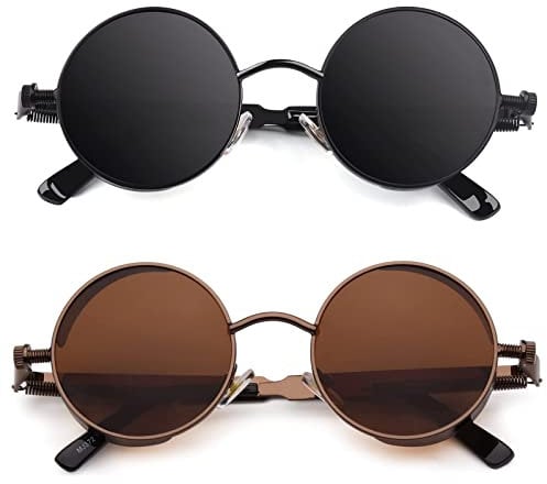 CGID E72 Retro Steampunk Style Unisex Inspired Round Metal Circle Polarized Sunglasses for Men and Women 2 Pack Black Grey + Brown Brown
