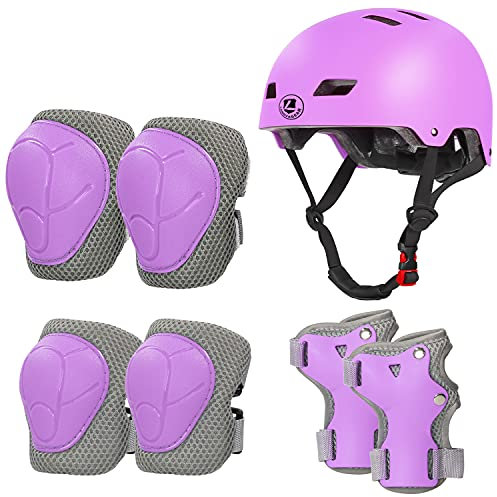 LANOVAGEAR Kinderhelm mit Knieschützern, Ellbogenschützern und Handgelenkschützern, 7-in-1-Schutzausrüstung Schonerset 2-8Jahre, für Skateboard, Fahrrad, Scooter, Rollschuh (lila, S)