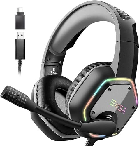 EKSA E1000 USB Gaming Headset for PC - Computer Headphones with Microphone/Mic Noise Cancelling, 7.1 Surround Sound Wired Headset & RGB Light - Gaming Headphones for PS4/PS5 Console Laptop
