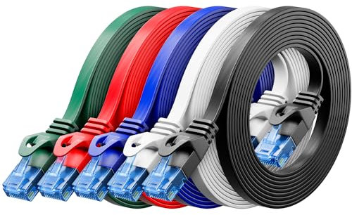 deleyCON 5x 0,25m CAT6 Plano Cable de Red 1000 Mbit Gigabit LAN - Cat 6 RJ45 Ethernet Cable de Conexión Delgado Cable de Instalación Plano - para Internet Conmutador Router Módem - Colorido