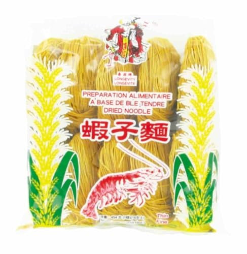 LONGEVITY Nouilles chinoises fines à base d'oeufs saveur Crevette 454G (Lot de 6 sachets)
