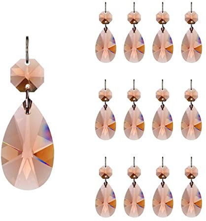 12 Stück 38 mm Tropfen-Kristall-Kronleuchter, Prismenteile mit achteckigen Glasperlen, Kette für Kronleuchter, Hochzeit, Party, Weihnachtsdekoration, GOLDENHAITAI (Rose)