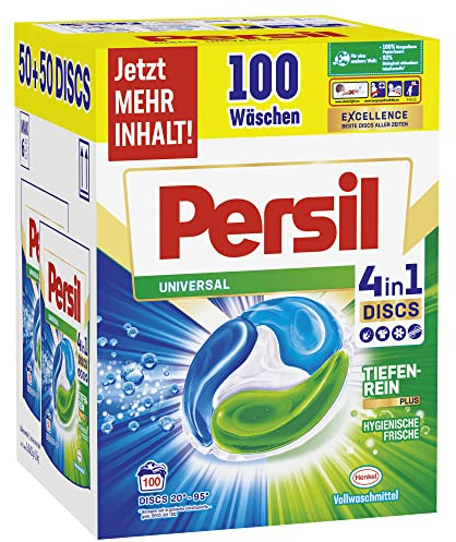 Persil Universal 4in1 DISCS (100 Waschladungen), Vollwaschmittel mit Tiefenrein-Plus Technologie bekämpft hartnäckige Flecken, 92% biologisch abbaubare Inhaltsstoffe*