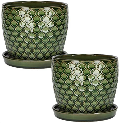 KOTARBAU® Lot de 2 pots de fleurs en céramique pour plantes - Diamètre : 17 cm - Vert vintage - Avec bac d'égouttement - Motif écailles de poisson