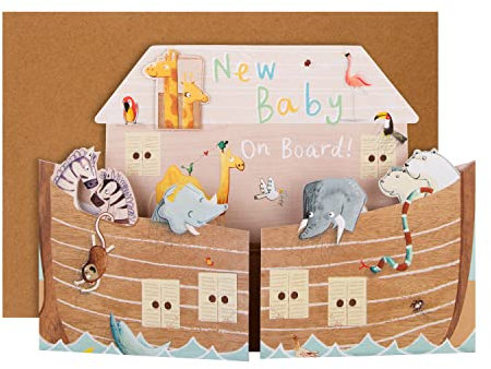 Hallmark New Baby Card, 3D & Pop Up Noah's Ark Design, with Animals, for Boy & Girl, Brown, Blue, Yellow