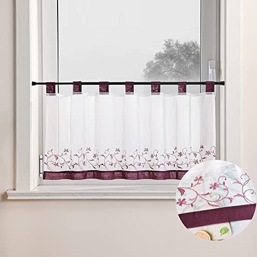 Joyswahl Voile Scheibengardine mit Blumenstickerei »Noah« transparente Bistrogardine mit Schlaufen Landhausstil Kurzstore HxB 45x90cm Violett 1er Pack