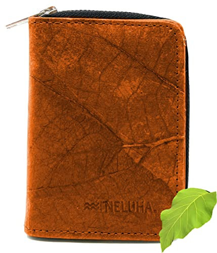 NELUHA Geldbörse vegan aus Teakblättern, nachhaltig Leder Alternative - Portemonnaie, Geldbeutel mit vielen Fächern aufklappbar mit Reißverschluss (Orange)