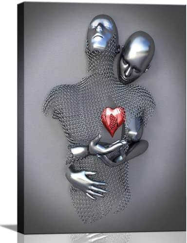 chongjian Liebe Herz 3D Grau Leinwand Wandkunst Moderne Gemälde 3d Abstrakt Umarmung Wanddekoration Schwarz und Weiß Metallfigur Skulptur Effekt Bild Wohnzimmer Dekoration (Rot Mit Rahmen, 16x24in)