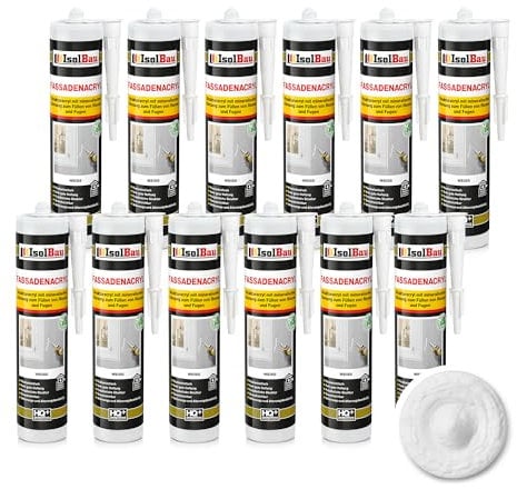 Isolbau Fassaden-Acryl - Acryl-Dichtstoff mit Körnung zum Füllen von Rissen & Fugen im Innen- & Außenbereich - Weiß, 12 x 300 ml Kartusche