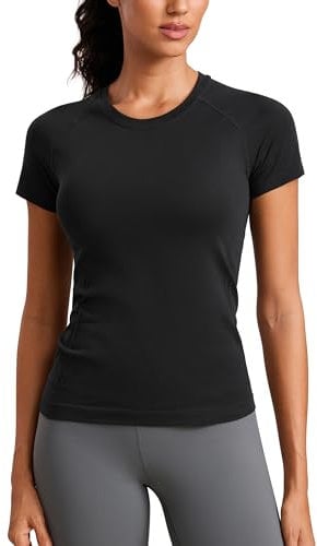 CRZ YOGA Women's Seamless Sports T Shirts Breathable Short Sleeve Top Active Gym Running Fitness T-Shirt Black 8