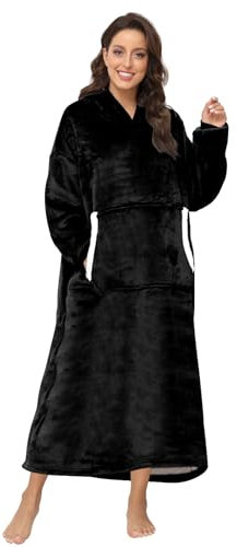 Sendowtek Übergroße Hoodie Decke Damen Oversized, Sherpa Deckenpulli Weich Super Warme Komfortable Pullover Decke mit ärmeln und Kapuze für Damen Männer Unisex Schwarz