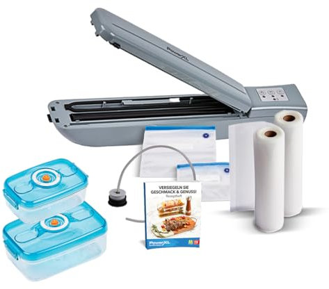 PowerXL Duo NutriSealer SET inkl. 2 Vakuumierdosen - 6in1 Vakuumiergerät - 3 Programme - hält Lebensmittel bis zu 5x länger frisch - vakuumiert, versiegelt & wiederversiegelt - Folienschweißgerät