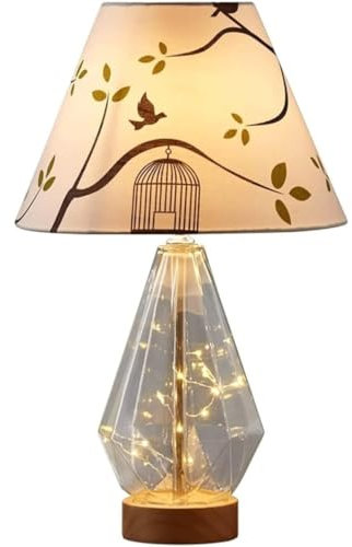 AMYSTY Lampe de Table Lampe a Poser Lampe de Chevet Lampe De Bureau en Verre, Abat-Jour en Tissu Imprimé, Lampe De Table De Chevet, Lampe De Chevet, Socle en Bois Lampe à Poser Chambre