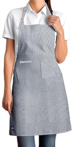 Encasa XO Verstellbare Küchen Schürze mit Taschen und Handtuchhalter, 68x85 cm, recycelte Baumwolle, für Zuhause, Restaurant, Männer & Frauen, Kochen, Backen - Ticking Navy Blue