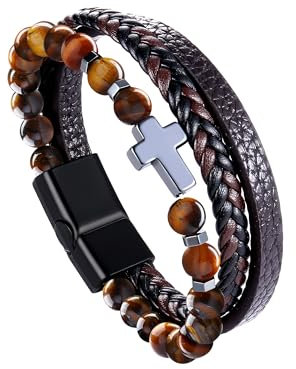 Dochais Herren Armband, Edelstahl Echtleder Armband, Jesus Christus Kruzifix Kreuz Armband, Naturstein Geflochten Armband mit Magnet Verschluss, Schmuck Geschenke Für Männer (B, Braun, 23cm)