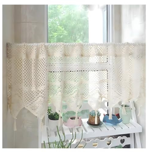Vintage Hohle Häkelnspitze Vorhänge, Shabby Chic Bistrogardinen mit Quasten, Beige Baumwolle Leinen Kurzgardine