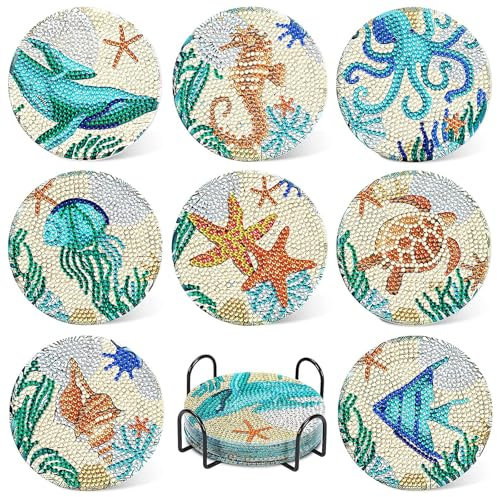 FYting 8 Stück Diamond Painting Untersetzer,Diamond Painting Erwachsene mit Untersetzer Halter,DIY Unterwasserwelt Untersetzer für Nachmittagstee, Familientreffen und Feiertagsessen (Blau)