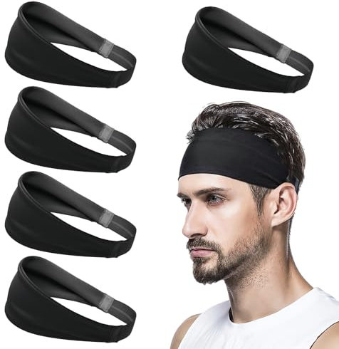 Litinliv 5 STK Sport Stirnband Herren und Damen, Schweißband Stirn Dünn Sommer, Elastisches Breit Sport Haarbänder für Männer Laufen Radfahren Fußball Fitness, Schwarz