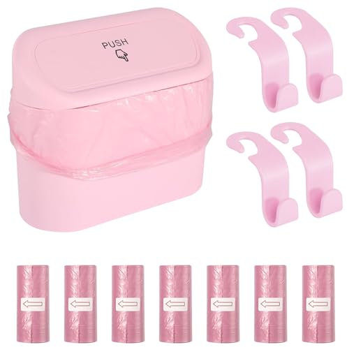 FYSL Bote de Basura para Coche Pequeño, Papelera para Coche con 105 Bolsas de Basura y 4 Ganchos, Portátil Caja de Almacenamiento con Tapa, Cubo de Basura para Coche Colgante