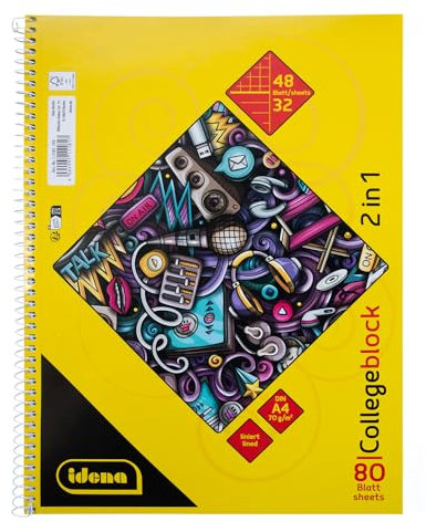 Idena 11181 - Collegeblock 2in1 mit 48 Blatt kariert und 32 Blatt liniert in DIN A4, Block mit Spiralbindung, 80 Blatt mit 70 g/m², 4-fach gelocht und perforiert