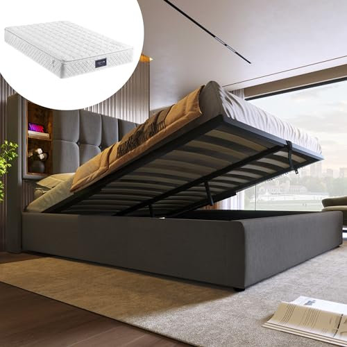 Luxus Polsterbett 160x200cm mit Stauraum, Wireless Charging, USB-C - Grau Baumwolle Doppelbett inkl. 7-Zonen Federkernmatratze, Lattenrost & Bettkasten - Bis 300kg belastbar