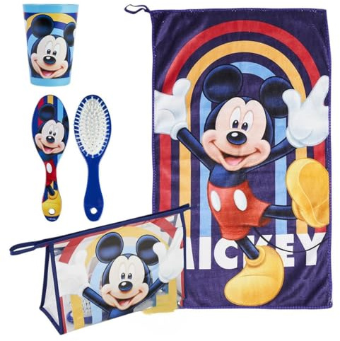 Mickey Mouse Kids Travel Toiletry Set, Transparent Toiletry Bag, Hairbrush, Microfibre Towel and Multi-Purpose Beaker, Designed in Spain, Travel Set for Sleepovers, Holidays and Everyday Use