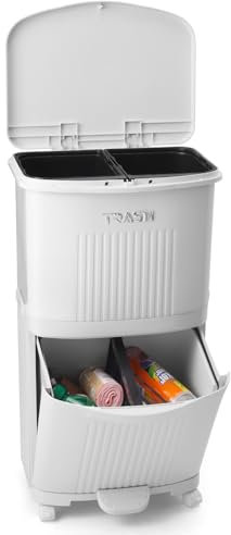 Warmiehomy Recycling Bins for Kitchen Double Bin with Pedal 36L Dry and Wet Separation Rubbish Bin with Inner Bucket 3 Compartment Bin with Wheels