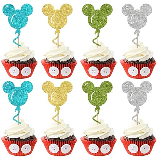 Xsstarmi 36 Pack Mouse Inspired Cupcake Toppers Glitter Multiple Color Mouse Balloon Cupcake Picks Decorations for Baby Shower Wedding Kids Birthday Party Cake Decorations Supplies