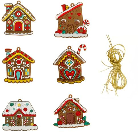 Rumyve 6pcs Gingerbread House Christmas Tree Decorations, Hanging Ornament, Tree Ornament for Xmas Holiday Party (Style A)