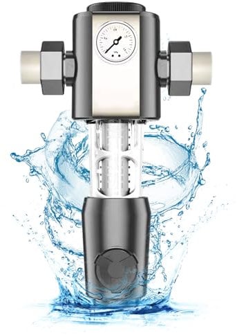 Julymoda Spin Down Sediment 40 Micron, Upgrade 6 Tons/Hour High Flow Rate Water Filter Reusable Backwash Filter with Pressure Gauge and Strainer Filter for Well Water Kitchen Shower Sink