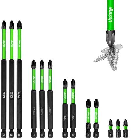 Litorange PZ2 magnetisch Bitsatz für Akkuschrauber(25MM,50MM,75MM,100MM,150MM),13 Stück 1/4 Sechskantschaft Impact Bits Set für Schlagschrauber,Phosphid Schwarz lang Schraubendreher Zubehör
