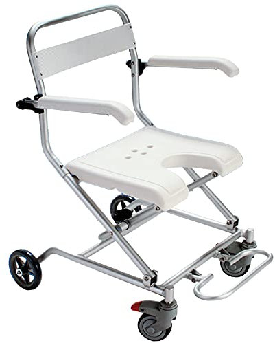 Sedia da doccia pieghevole con ruote per anziani e disabili, design 2 in 1, con braccioli ribaltabili e schienale ergonomico, sgabello da bagno per doccia