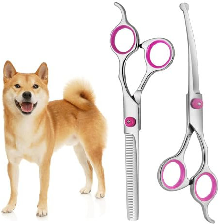 XoeLLe Hundeschere Fellschere für Hunde und Katzen, Lot de 2 Hundeschere Set Profi, Haustierschere mit Runder Sicherheitsspitze, Gebogene Fellpflegeschere Haarschere für Hundefriseur Anfänger (Rosa)