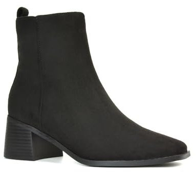 ESSEX GLAM Women's Low Heel Ankle Boots Ladies Block Heeled Square Toe Black Faux Suede Celsea Biker Booties Size 8