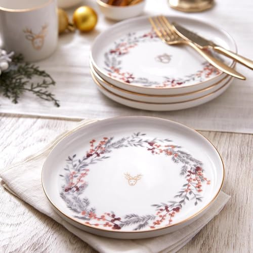 Kütahya Porselen Bone Joy – 4er Set Dessertteller 19 cm – Handgemaltes Design mit Goldrand – Hochwertiges Porzellan – Ideal für Kuchen & Desserts