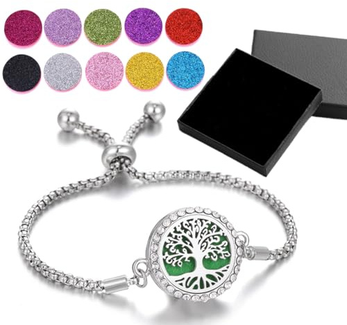Aromatherapie Ätherisches Öl Diffusor Armband für Damen, Verstellbares Edelstahl Lebensbaum Armband Muttertag Geburtstag Freundschaft Schmuck Geschenk für Mädchen Frauen von 10 Nachfüllkissen