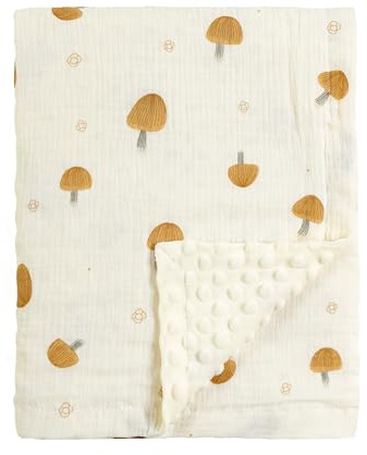 CREVENT Organic Muslin Cotton Baby Blanket for Newborns, Soft Mink Backing, Essential for Baby Shower Birthday Gift - Mushroom 75X100cm