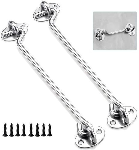 Tel Charme * 2-Pack 8 Inch Stainless Steel Hook & Eye Latch – Heavy Duty Cabin Hook for Doors, Gates, Windows, Cabinets – Includes Mounting Screws, Indoor/Outdoor Use(Silver)