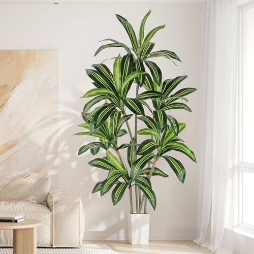 YOLEO Kunstpflane Drachenbaum 180cm mit weißem Topf, Künstliche Pflanzen | für Wohnzimmer, Büro, Garten, Indoor Dekor, Housewarming Geschenk