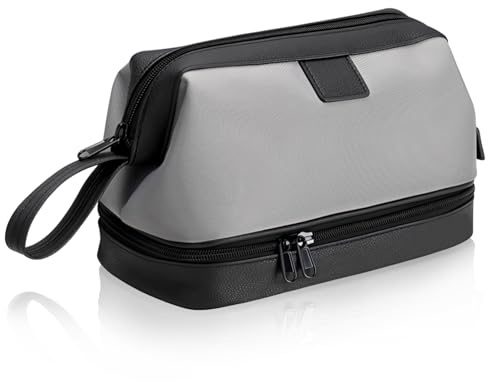 JUBORUI Kulturbeutel Herren, Wasserdicht Waschtasche mit Trocken/Nasstasche, Reise Kulturbeutel mit Segeltuch und Leder, Toilettentasche Herren für Rasierutensilien und Kulturzubehör (Grau)