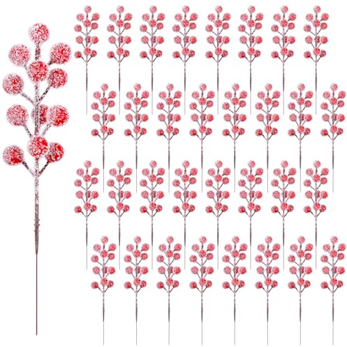 Fangoo 32 Pezzo 23 cm Artificiali Spruzzo Innevato Bacche Rosse Rami di Natale Bacche Rosse Decorazioni per Decorazione Albero di Natale Ghirlande Matrimonio Decorazioni per Feste In Casa