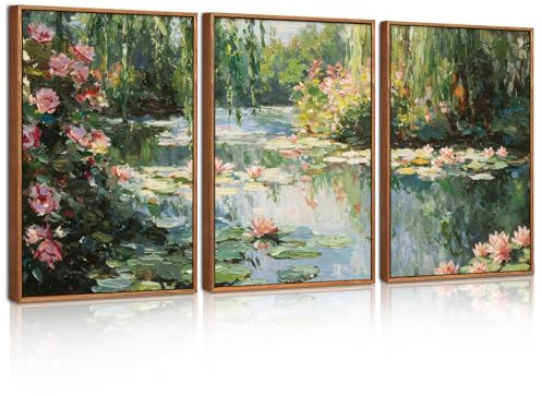 Celestdeco Monet Water Lilies Floral Framed Canvas Wall Art Set,Vintage Impressionist Botanical Wall Decor,Oil Paintings Style Flowers Poster for Living Room,Bedroom,Dining Room,Office30x40cm